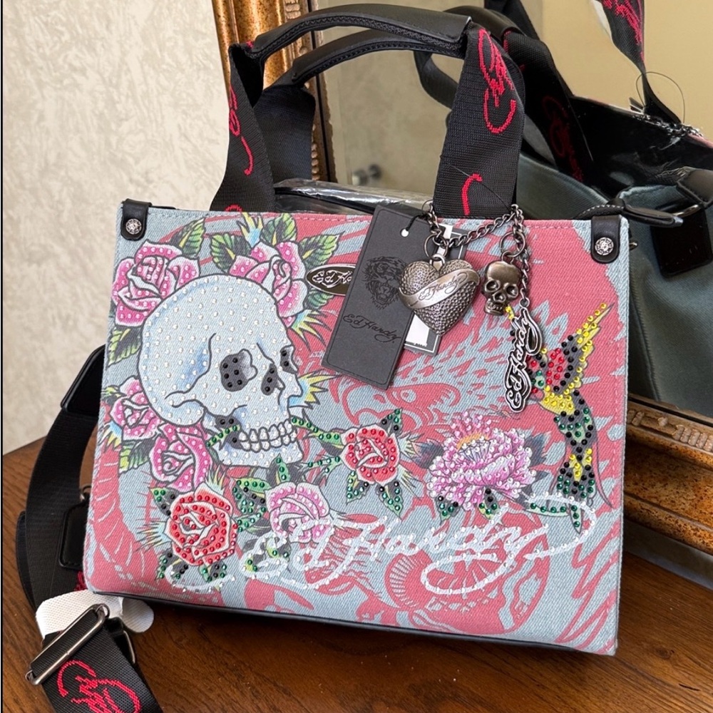 Ed Hardy Floral Denim Skull Tote Bag w/Rhinestones & Charms. Handles/crossbody.